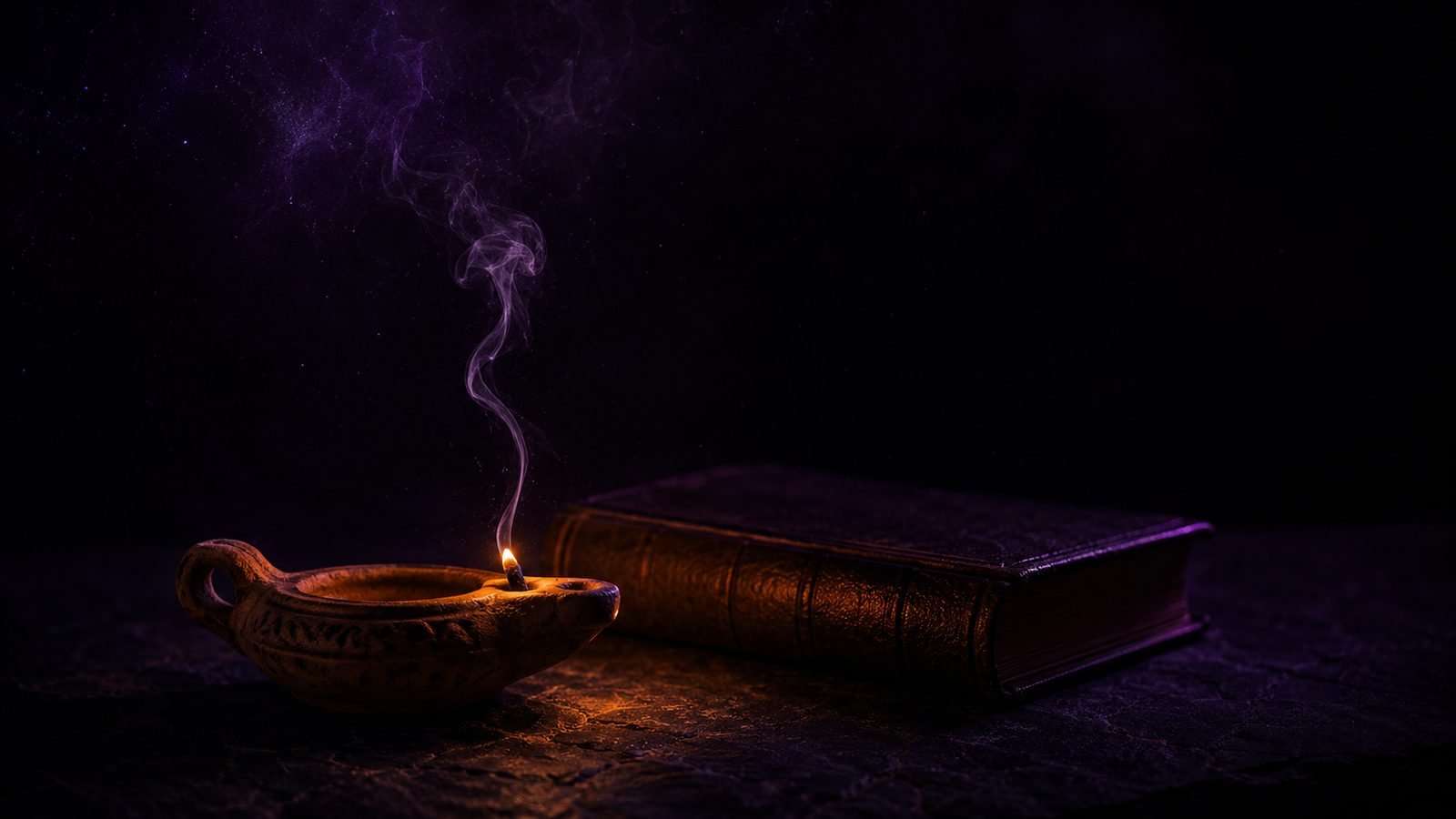 Eine alte Öllampe brennt als einzige Lichtquelle in der Dunkelheit, ihr warmes Licht fällt auf eine dunkle Fläche. KI-generierte Illustration.