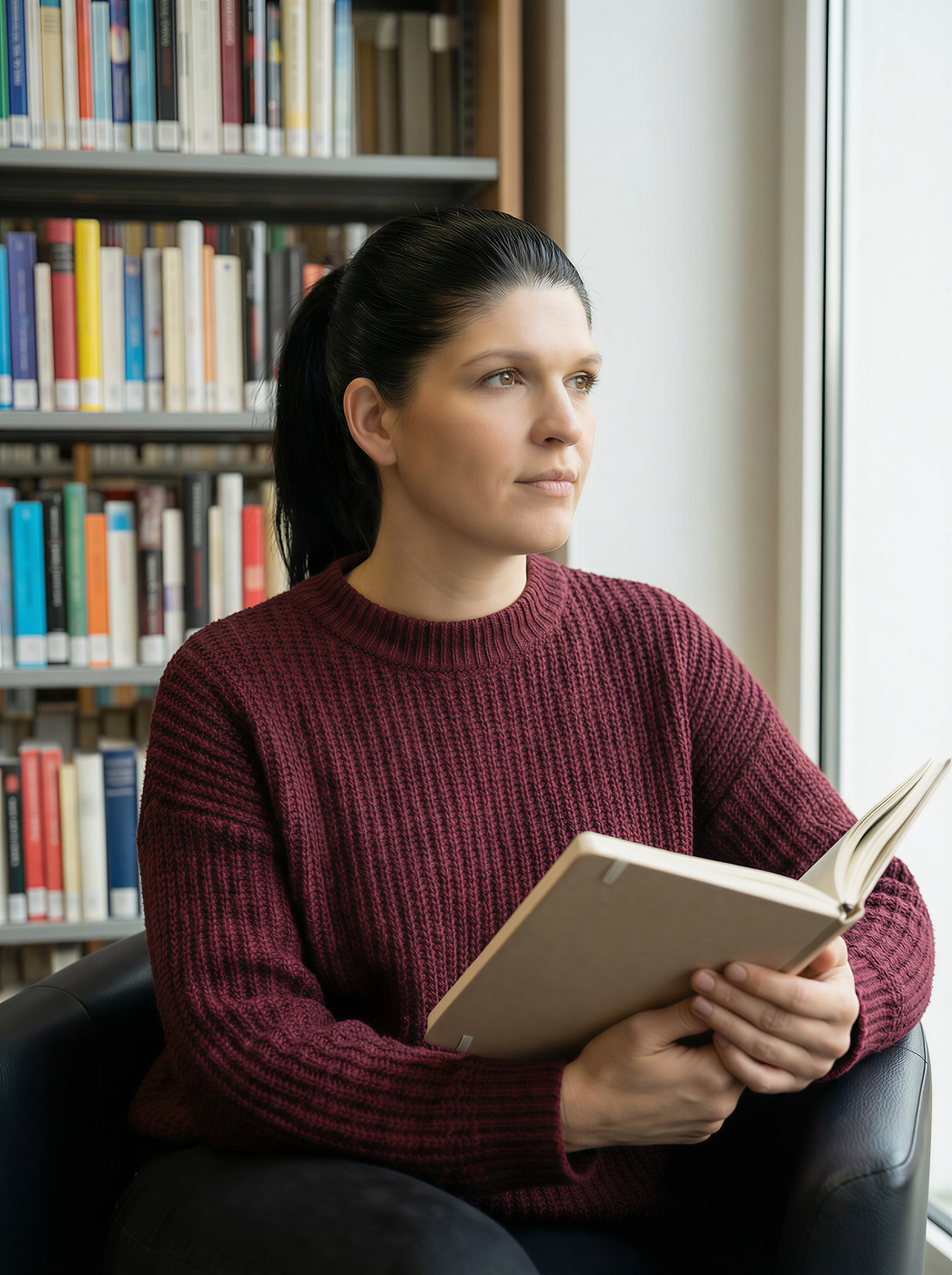 Monika Uebele in einer Bibliothek, nachdenklich mit Buch – Coach und KI-Praktikerin, Gründerin von Soulfire Rebellion